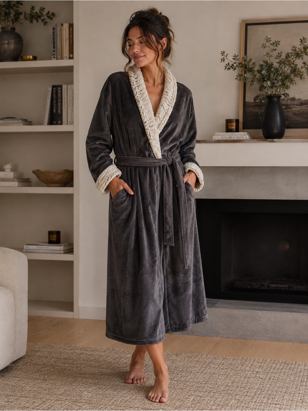 Midnight by Carole Hochman Charcoal Robe with Ivory Accents Size L Cozy Lounge